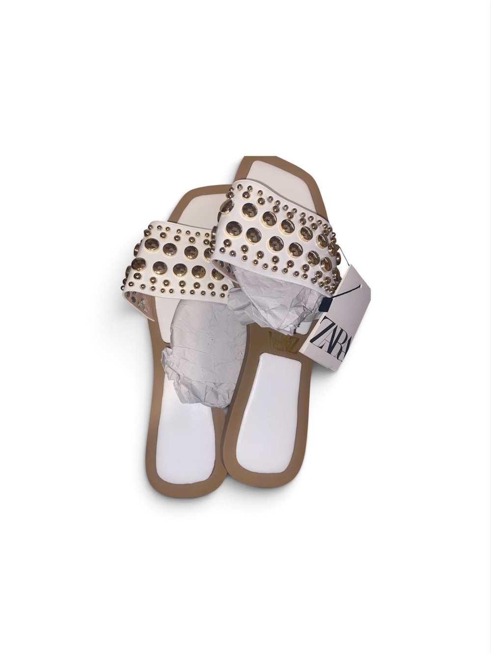 Zara White Slide Sandals with Gold Stud Embellishments